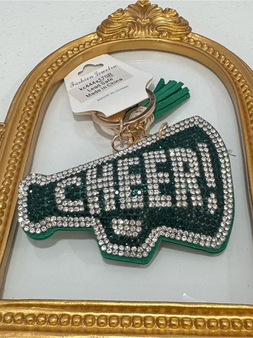 New Green Rhinestone 'CHEER' Megaphone Keychain with Tassel